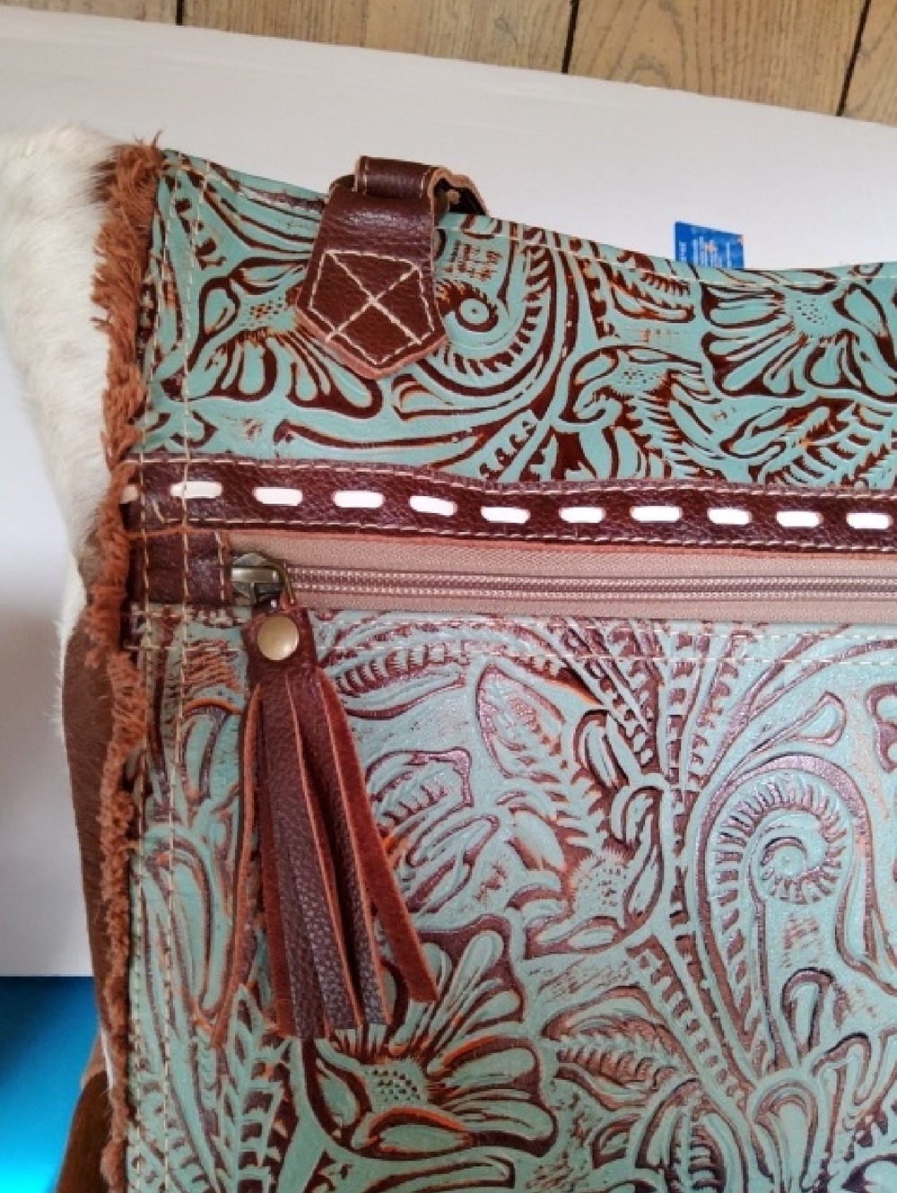 Myra Bag Tooled Turquoise Leather,cowhide accents tote. - Picture 2 of 9